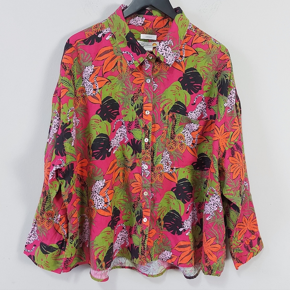 C & C California Linen Button-Up Shirt Plus Size 2X Leopard Jungle Tropical Wear